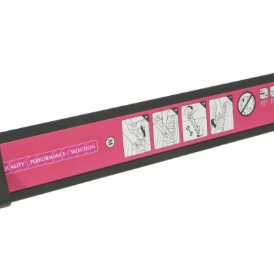 Produto retangular preto com rótulo rosa e instruções gráficas