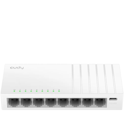 Switch de rede Cudy branco com 8 portas Ethernet e LEDs verdes