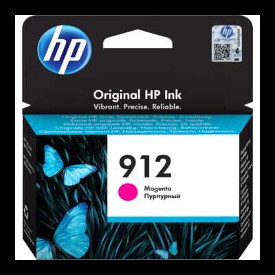 Cartucho de tinta HP 912 Magenta com borboletas azuis na embalagem