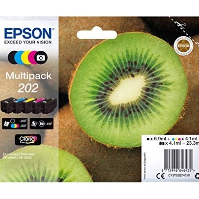 Embalagem Multipack Epson 202 com tinteiros e imagem de kiwi