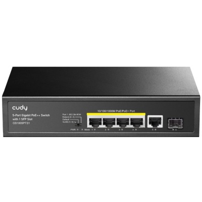 Switch de rede preto com 5 portas Ethernet e 1 slot SFP