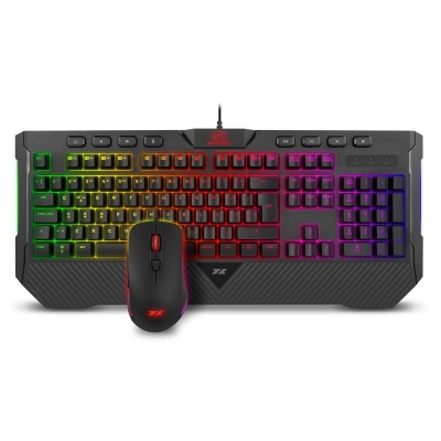 Teclado mecânico com iluminação RGB e rato preto com luz vermelha