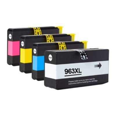 Conjunto de tinteiros de impressora coloridos preto com etiquetas distintas e texto 963XL