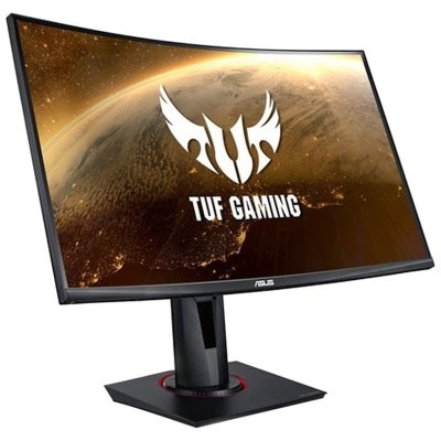 Monitor curvo preto ASUS TUF GAMING com imagem de planeta no ecrã