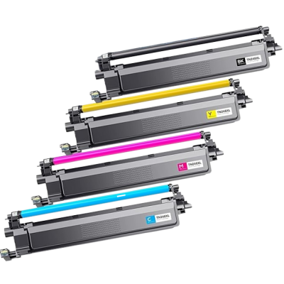 Quatro toners de impressora com etiquetas de cores e código TN248XL