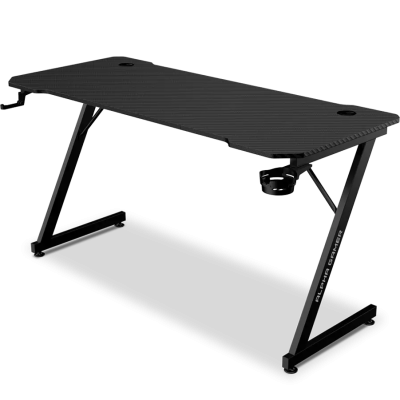 Secretária de jogos preta com suporte para copos e orifícios para cabos