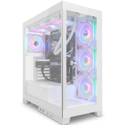 Computador gaming branco com ventoinhas RGB e painel lateral de vidro