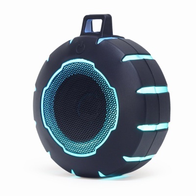 Coluna portátil preta com luzes azuis e alça para transporte