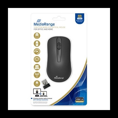 Rato ótico sem fios MediaRange preto em embalagem branca e azul