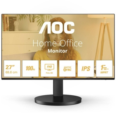Monitor AOC Home Office preto de 27 polegadas com especificações técnicas no ecrã