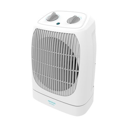 Aquecedor elétrico branco com dois botões e grelha frontal