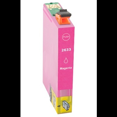 Cartucho de tinta magenta para impressora com texto e símbolos visíveis