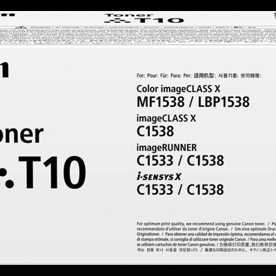 Caixa branca de toner Canon T10 com texto em preto e selo Canon Genuine.