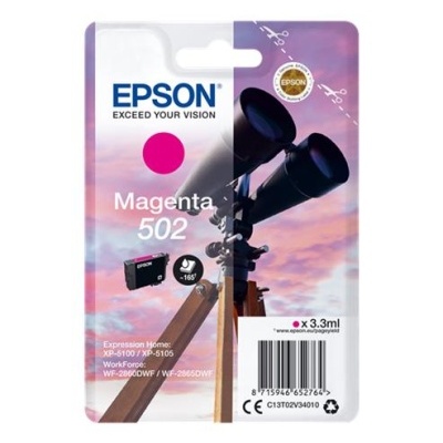 Embalagem de tinta Epson Magenta 502 com imagem de binóculos ao pôr do sol