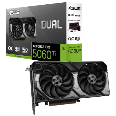 Placa gráfica ASUS DUAL GeForce RTX 5060 Ti com dois ventiladores e caixa