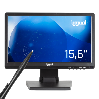 Monitor preto iggual 15,6 polegadas com caneta apontando para o ecrã azul