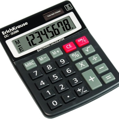 Calculadora eletrónica preta ErichKrause DC-308N com visor digital e botões coloridos