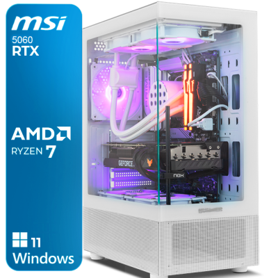 Computador de secretária branco com iluminação RGB e janela de vidro