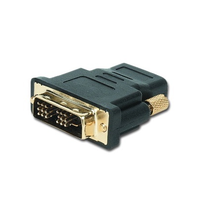 Adaptador conector DVI macho para fêmea preto e dourado sobre fundo branco