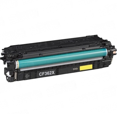 Toner de impressora preto CF362X com cilindro verde e etiqueta amarela