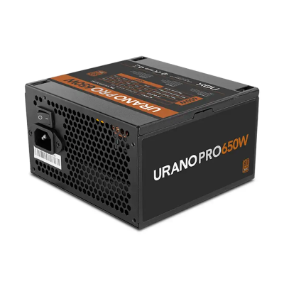 Fonte de alimentação para computador URANO PRO 650W com caixa preta e detalhe em laranja