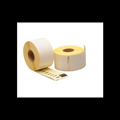 dois rolos de etiquetas adesivas termo sensíveis brancas e amarelas