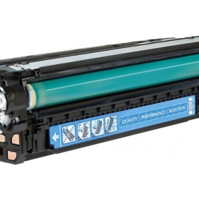 Cartucho de toner preto com cilindro verde e etiqueta azul com texto e instruções