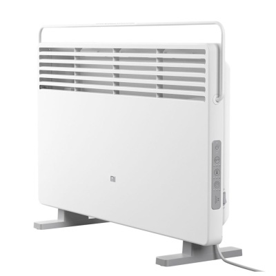 Aquecedor elétrico branco com grelha superior e controles laterais