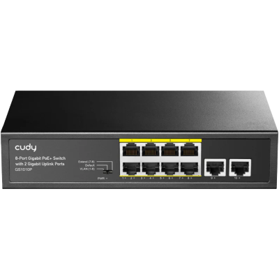 Switch de rede cudy GS1010P preto com 8 portas Gigabit PoE+ e 2 portas Gigabit Uplink.