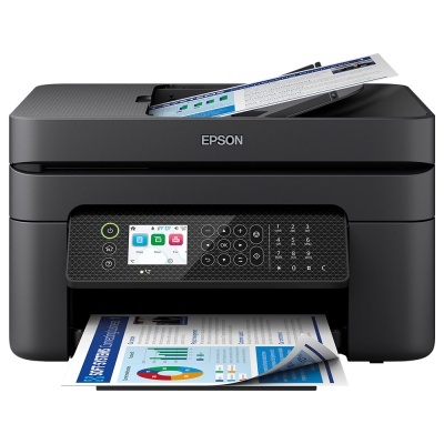 Impressora Epson multifuncional preta com documentos coloridos a serem digitalizados e impressos