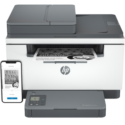 Impressora multifunções HP LaserJet M232sdw a imprimir com telemóvel ao lado