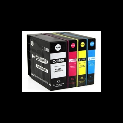 Conjunto de tinteiros de cores preta, magenta, amarela e azul para impressora.