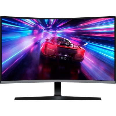 Monitor curvo Samsung a mostrar imagem de carro desportivo vermelho num túnel iluminado