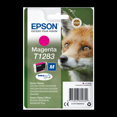 Embalagem de tinta Epson Magenta T1283 para impressoras Stylus com imagem de raposa
