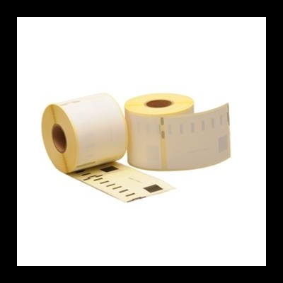 Dois rolos de etiquetas adesivas amarelas e brancas