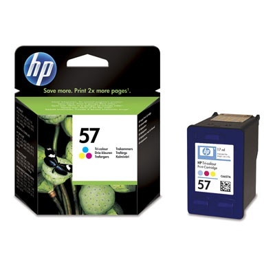 Cartucho de tinta HP 57 tri-cor com embalagem preta mostrando logótipo HP e imagem de cabaça