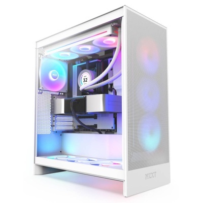 Computador desktop NZXT branco com iluminação RGB e cooler líquido