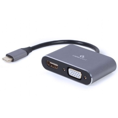 Adaptador de vídeo cinzento com USB-C, HDMI e VGA