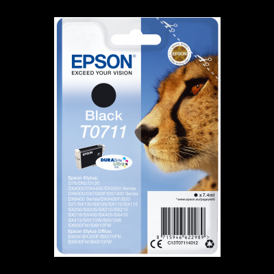 Cartucho tinta preto Epson T0711, embalagem azul e branco com imagem de guepardo