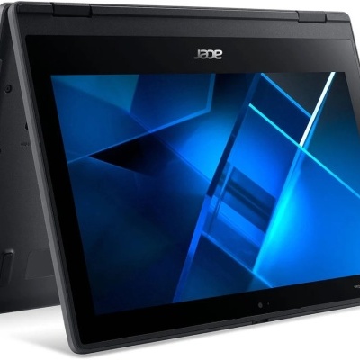 Portátil Acer preto em modo tenda com ecrã tátil azul