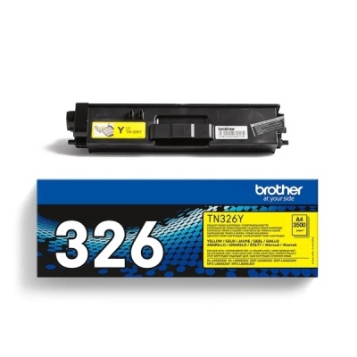 Cartucho de toner amarelo Brother TN326Y com caixa preta e azul
