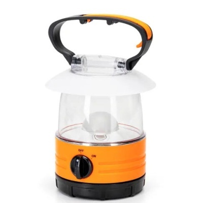 Lanterna portátil de campismo em plástico laranja, preto e transparente