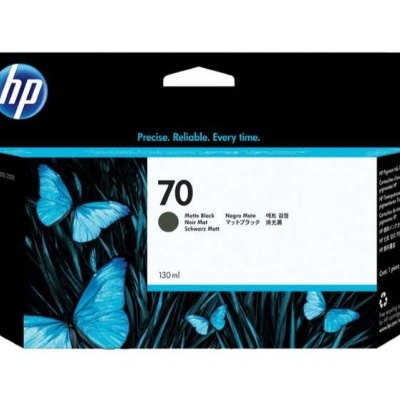Embalagem de cartucho de tinta HP 70 preto mate com design de borboletas azuis