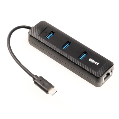 Hub USB preto com três portas USB 3.0, uma porta RJ45 e cabo tipo C