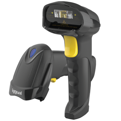 Leitores de código de barras pretos e cinza com detalhes amarelos e azul