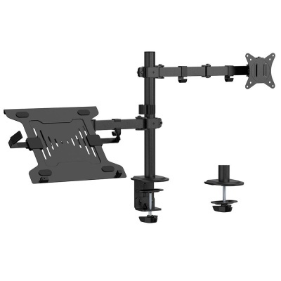 Suporte de secretária preto em metal para monitor e portátil