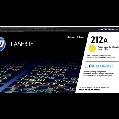 Cartucho de toner HP LaserJet 212A amarelo em embalagem preta e branca