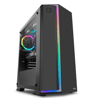 Computador de secretária preto com iluminação RGB e placa gráfica NVIDIA