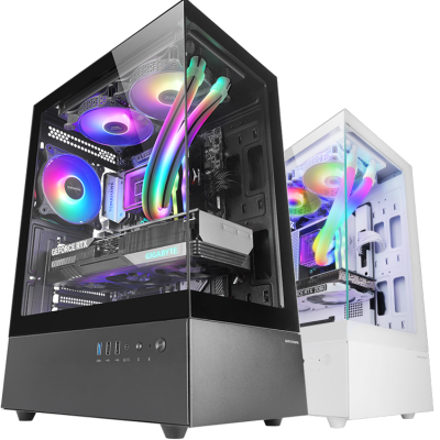 Dois computadores desktop modernos com iluminação RGB, caixas em vidro temperado preto e branco