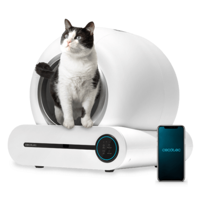 Máquina automática branca para gatos com gato e smartphone